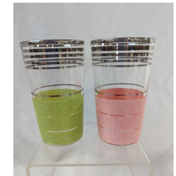 Set of 6 Vintage Pastel Sugar Frosted Juice Glasses Platinum Trim - Picture 2 of 6